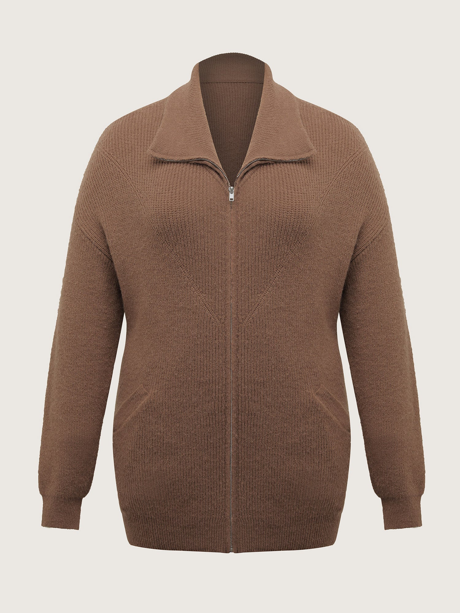 Textured Slant Pockets Zipper-Front Knit Cardigan - Image 5