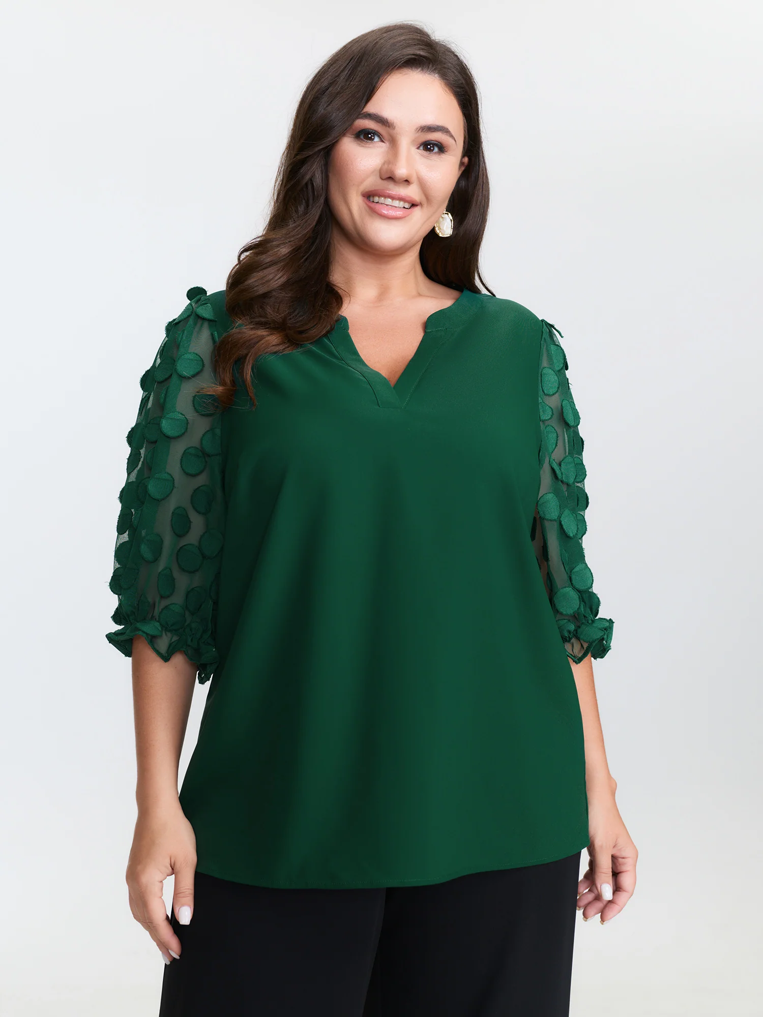Textured Sleeve Notched Collar Blouse - Image 2