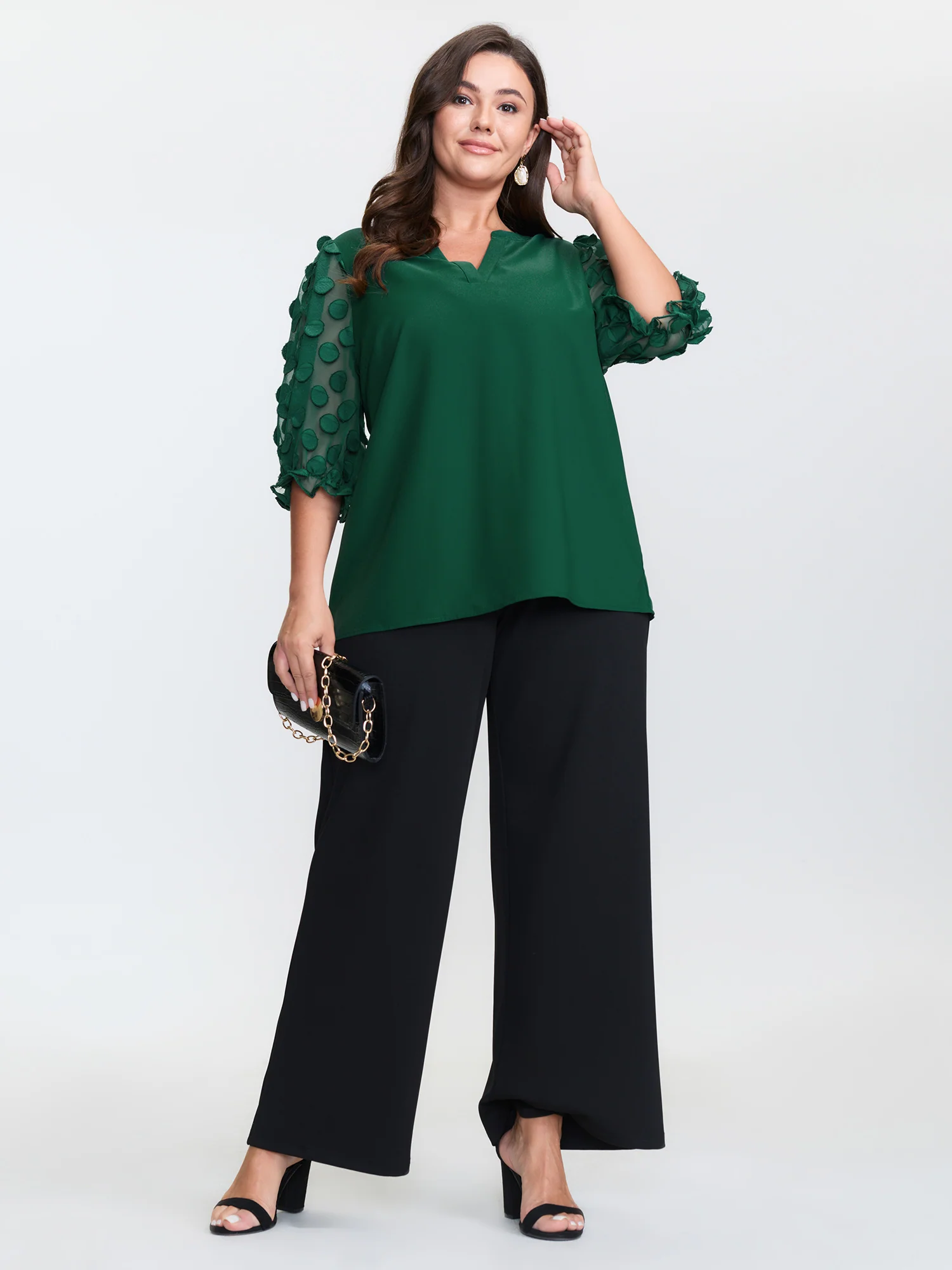 Textured Sleeve Notched Collar Blouse - Image 3