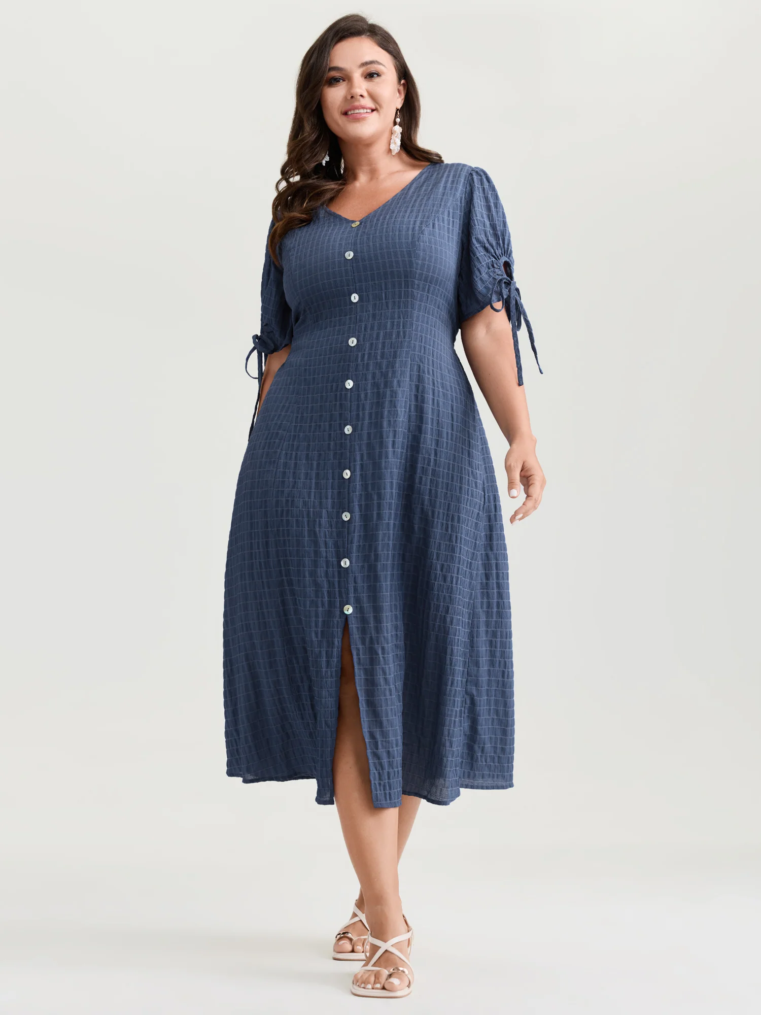 Textured Sleeve-Tie Pockets Midi Dress - Image 3