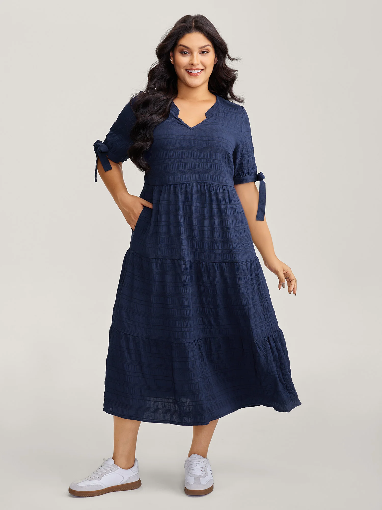 Textured Sleeve-Tie Tiered Maxi Dress