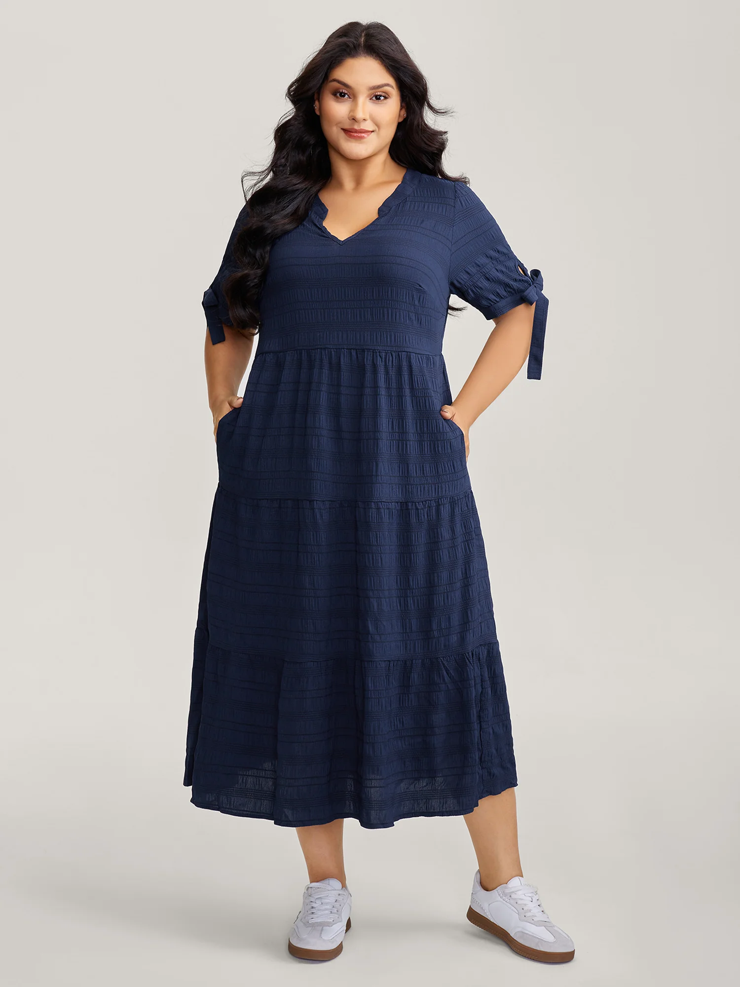 Textured Sleeve-Tie Tiered Maxi Dress - Image 3