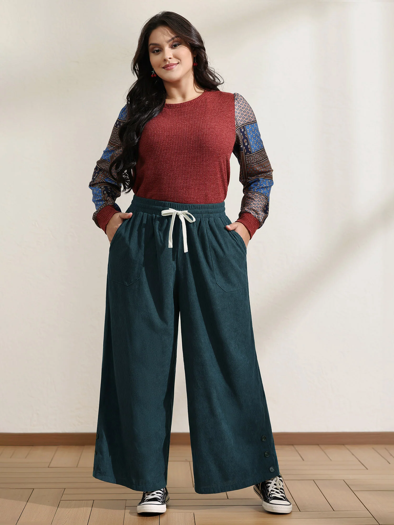 Textured Slit Drawstring Wide-Leg Pants - Image 2