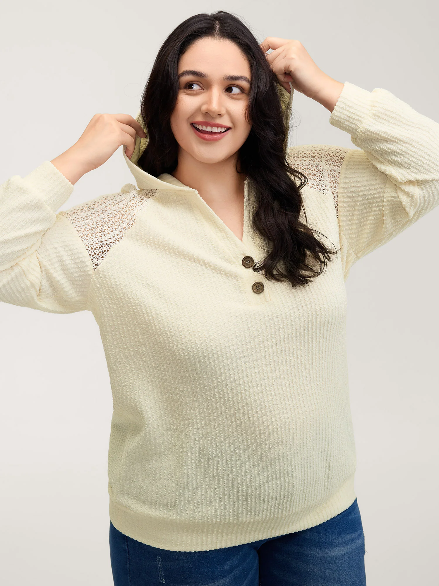 Textured Spliced Button Detail Hoodie