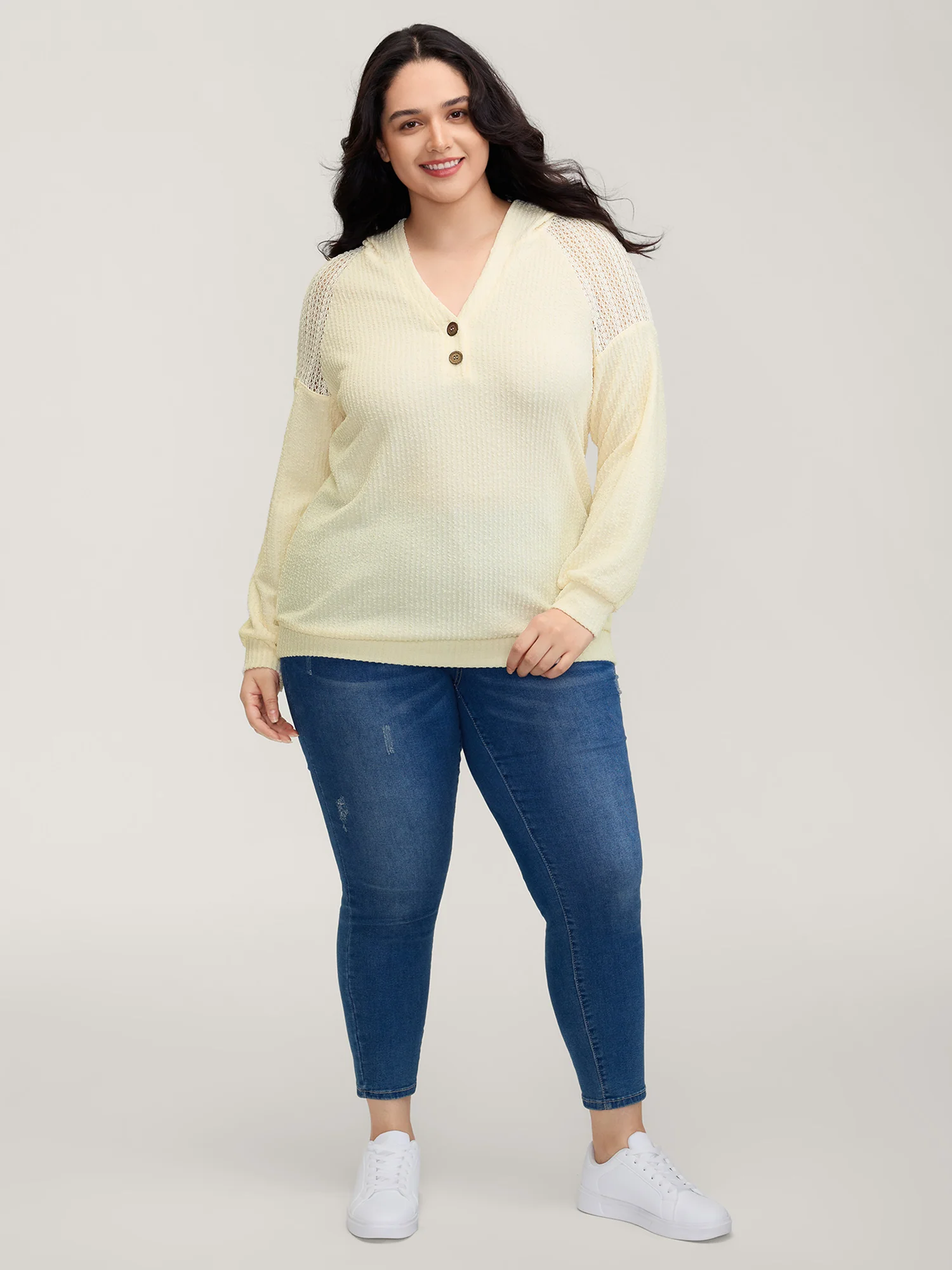 Textured Spliced Button Detail Hoodie - Image 3