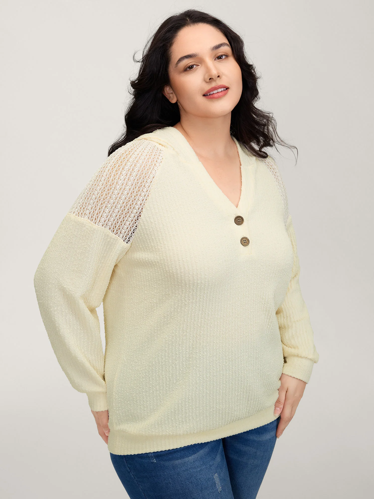 Textured Spliced Button Detail Hoodie - Image 4