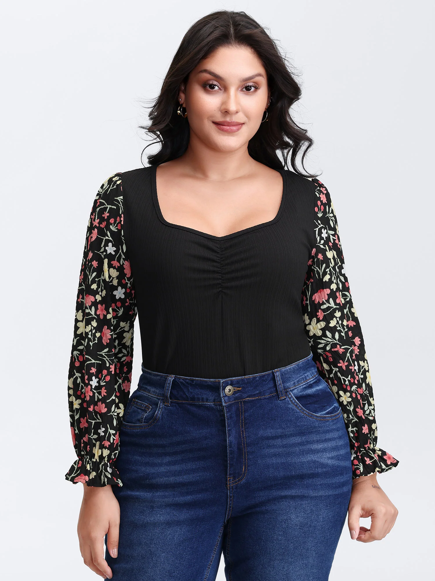 Textured Spliced Floral Sleeves Top - Image 4
