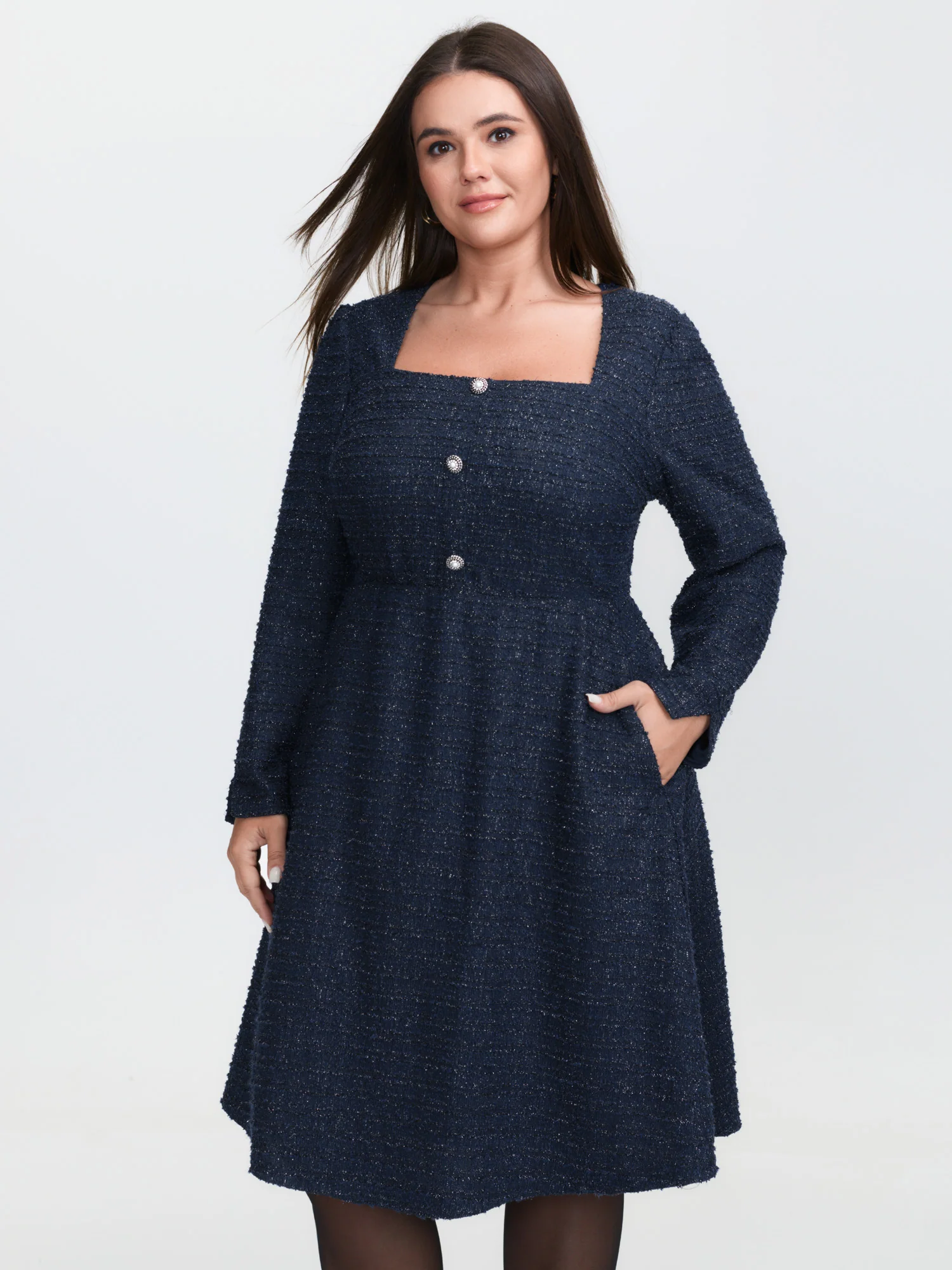 Textured Square Neckline Button Midi Dress - Image 2