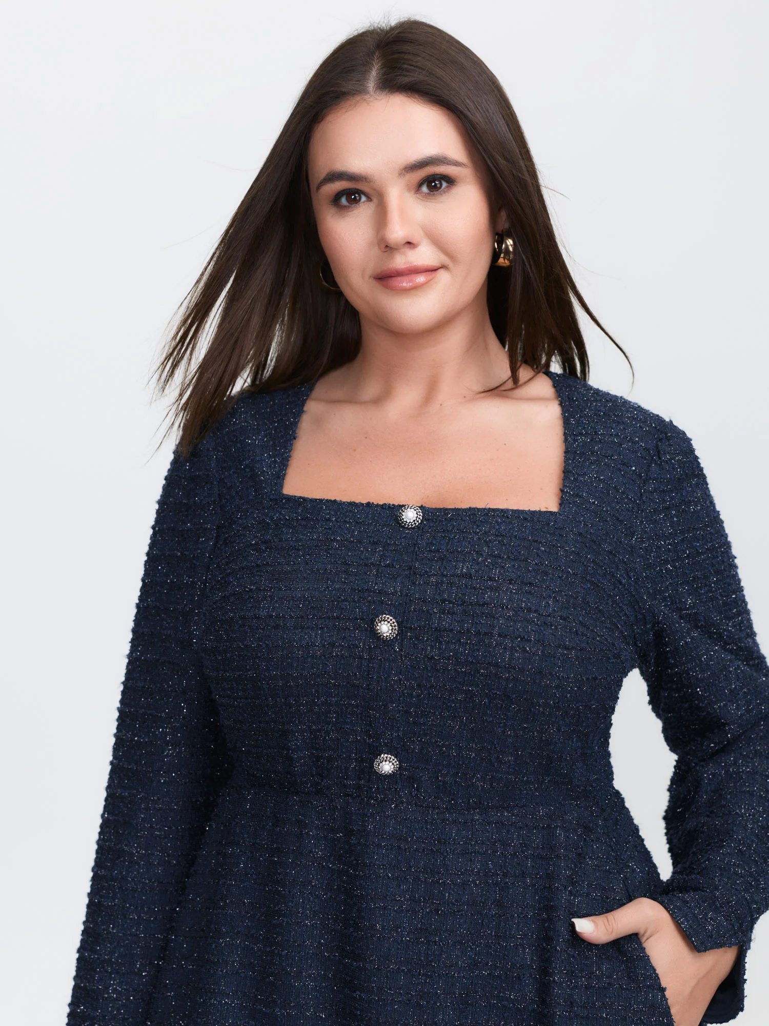 Textured Square Neckline Button Midi Dress - Image 3