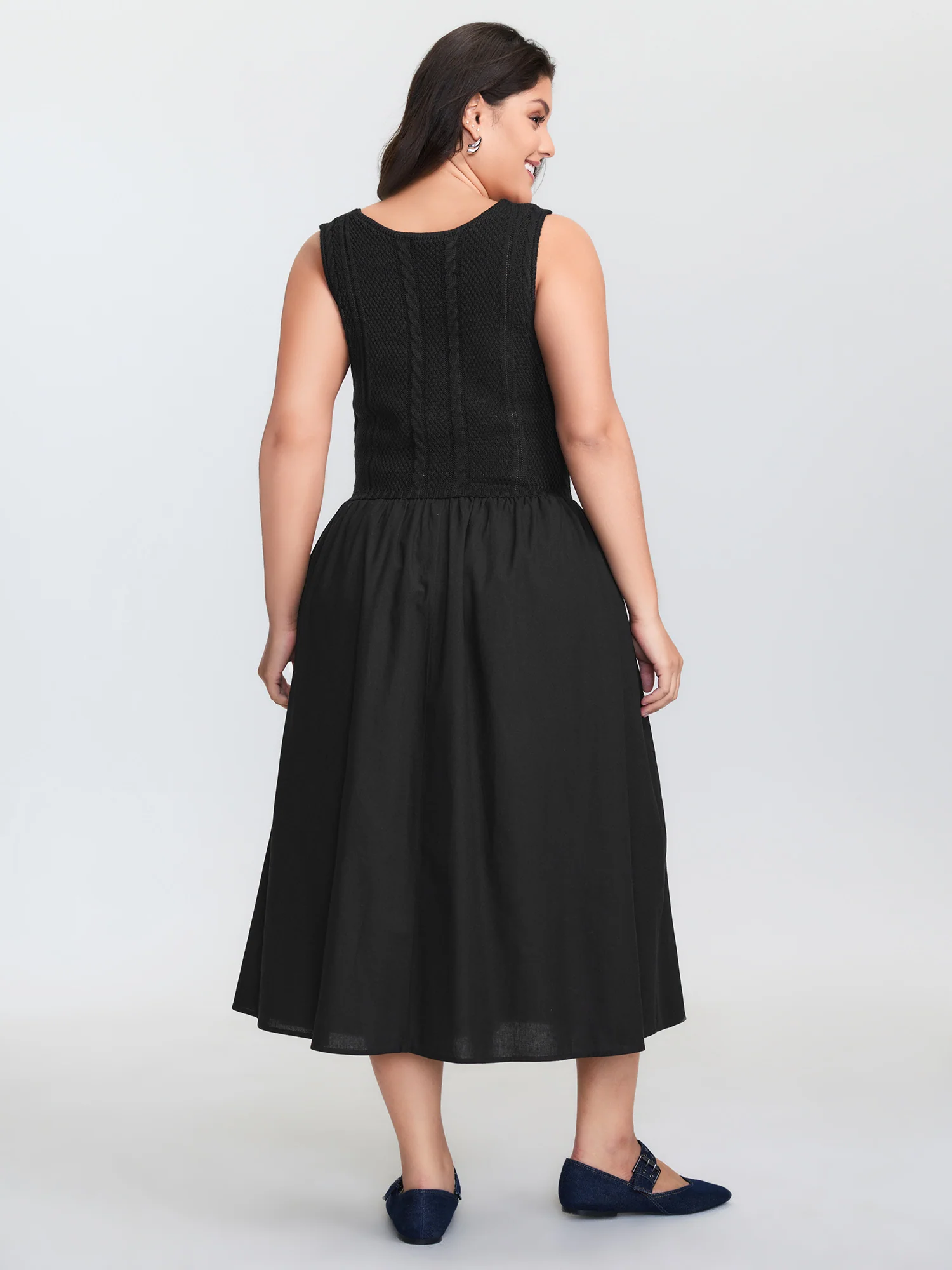 Textured Stretchy Button Detail Midi Dress - Image 5