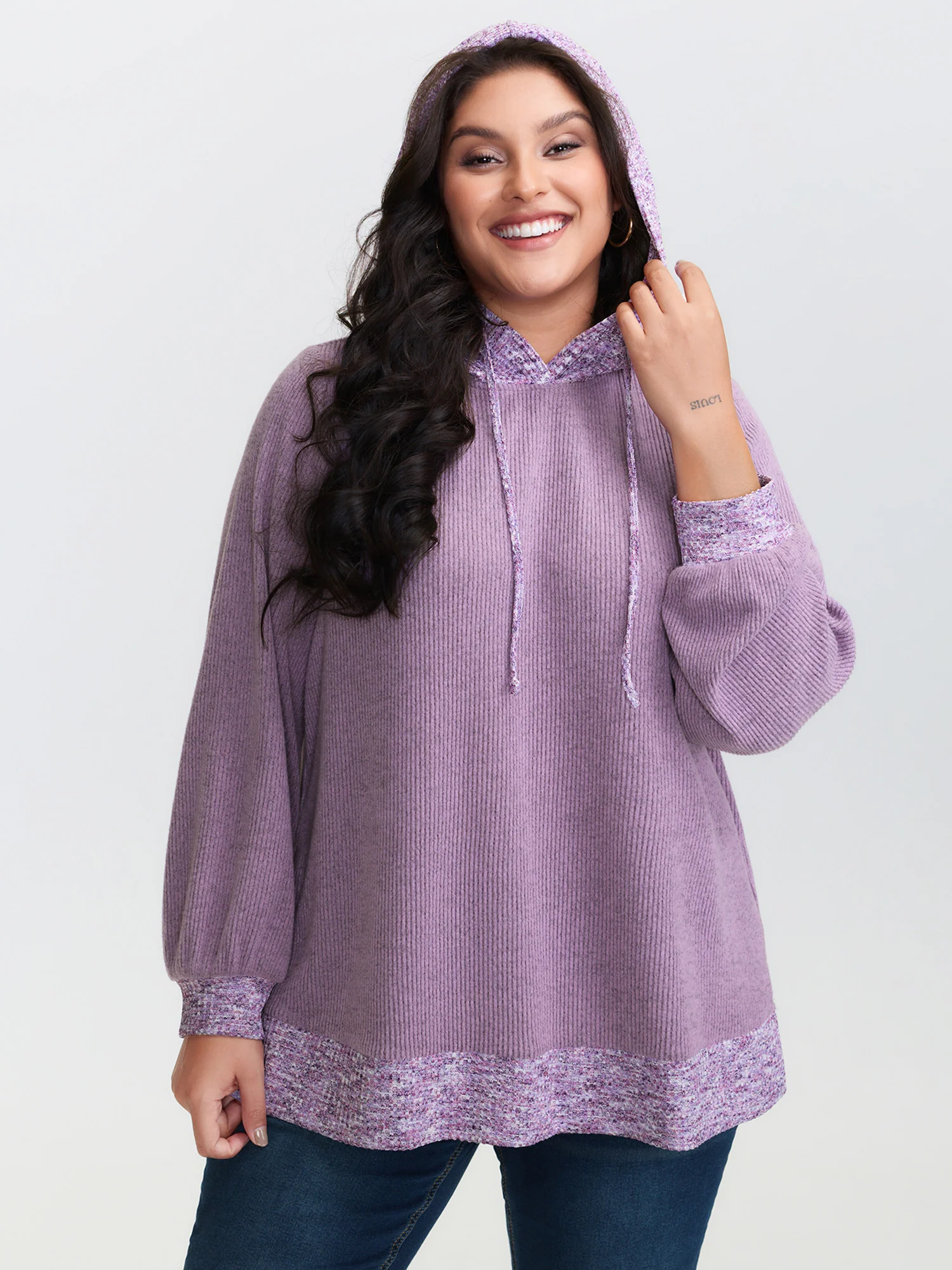 Textured Stretchy Color Contrast Hoodie - Image 2