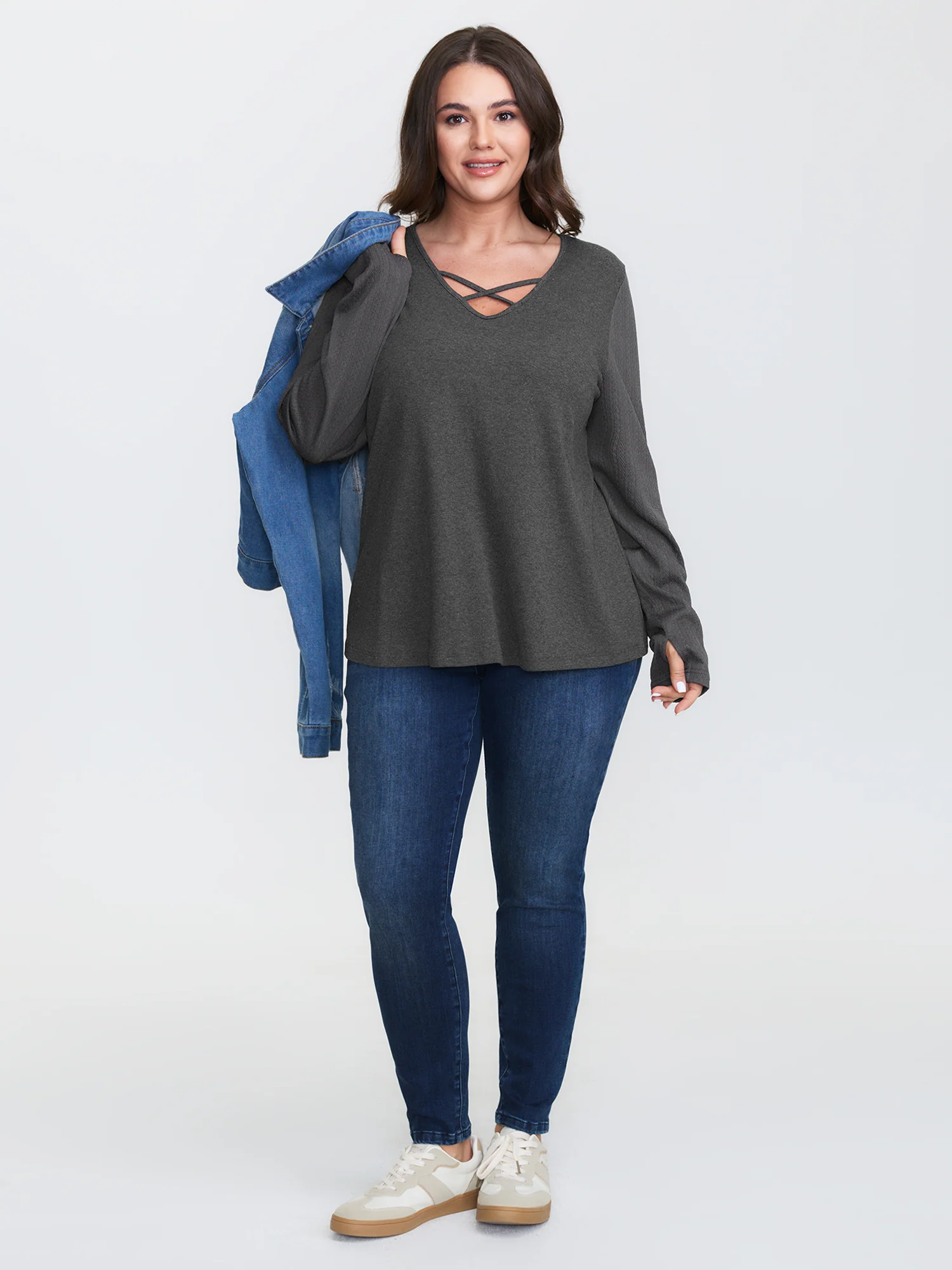 Textured Stretchy Cut-Out Neckline T-Shirt - Image 2