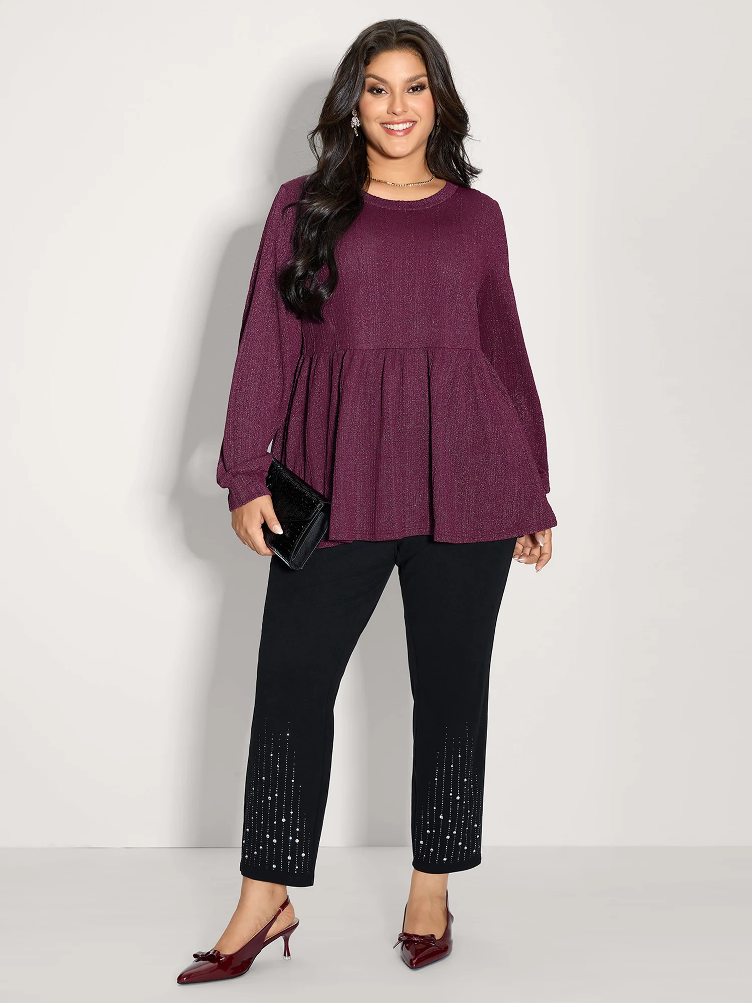 Textured Stretchy Flared Knit Top - Image 3