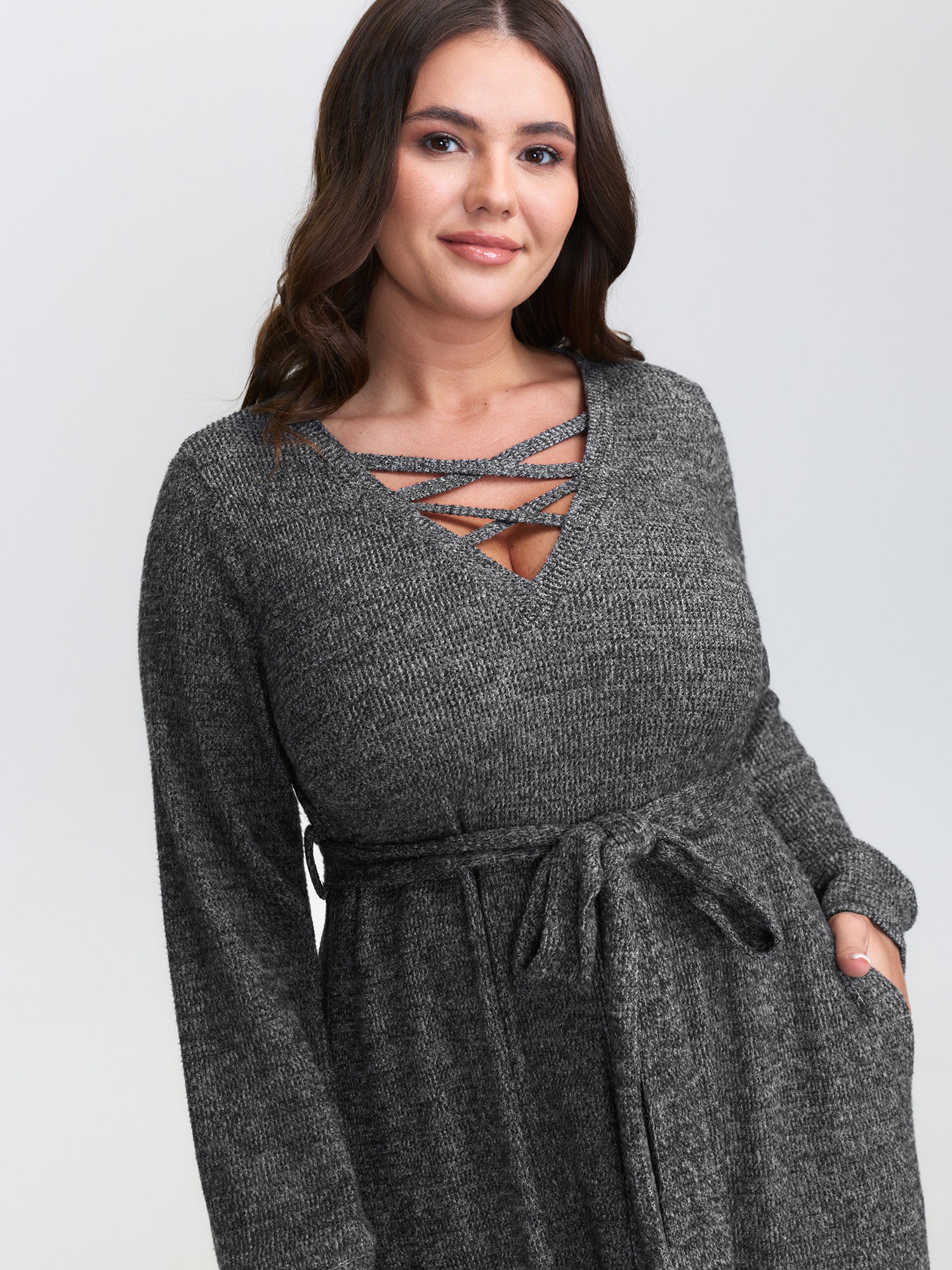 Textured Stretchy Neck Tie-Up Midi Dress - Image 2