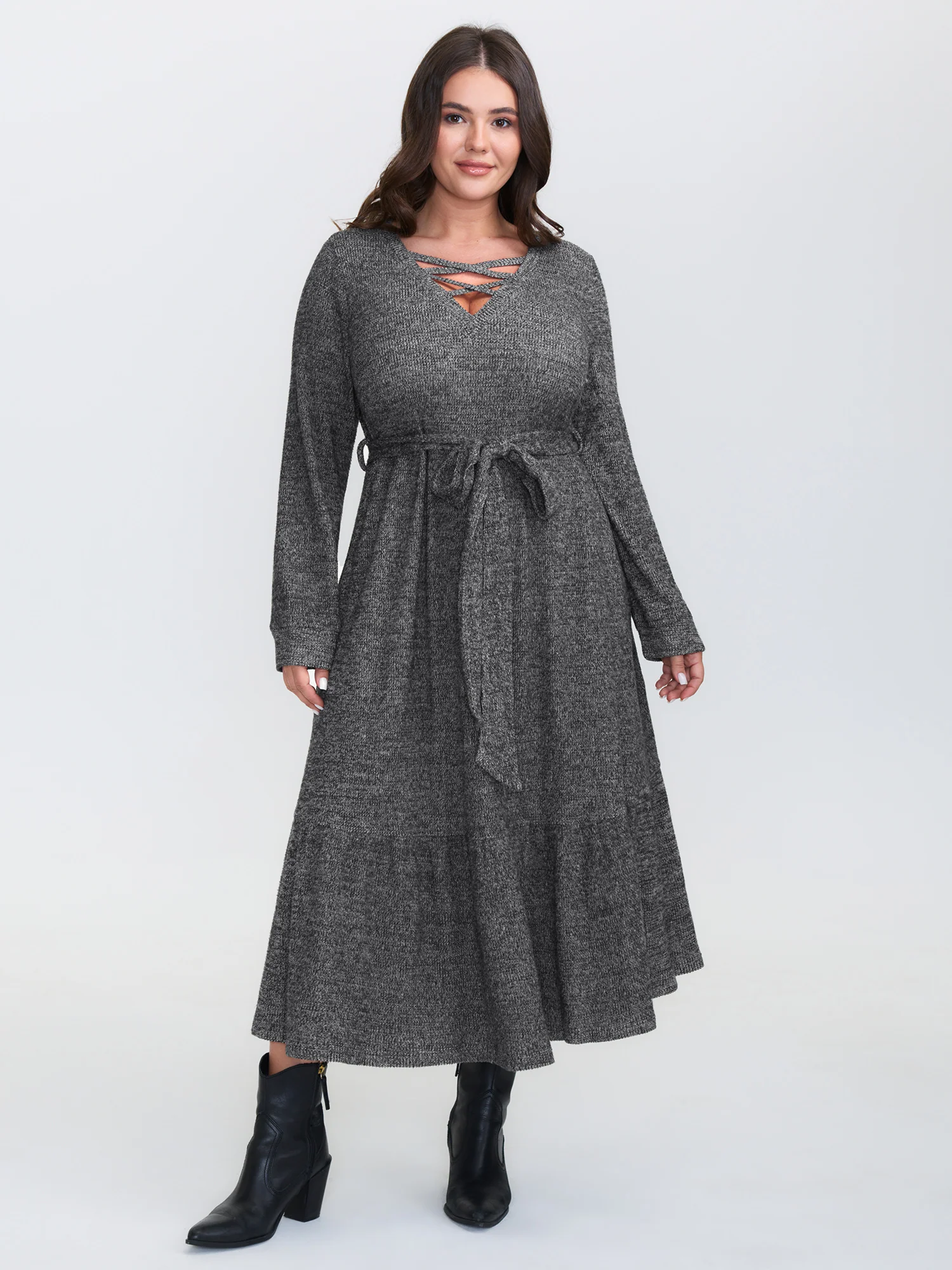 Textured Stretchy Neck Tie-Up Midi Dress - Image 3