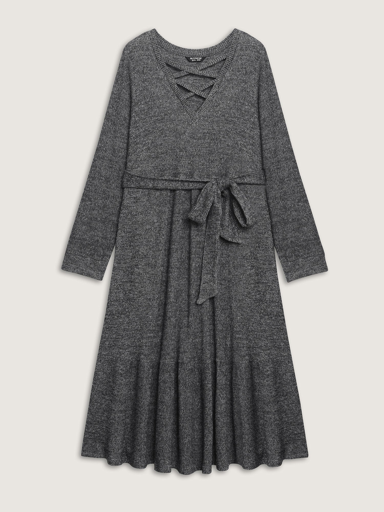 Textured Stretchy Neck Tie-Up Midi Dress - Image 7
