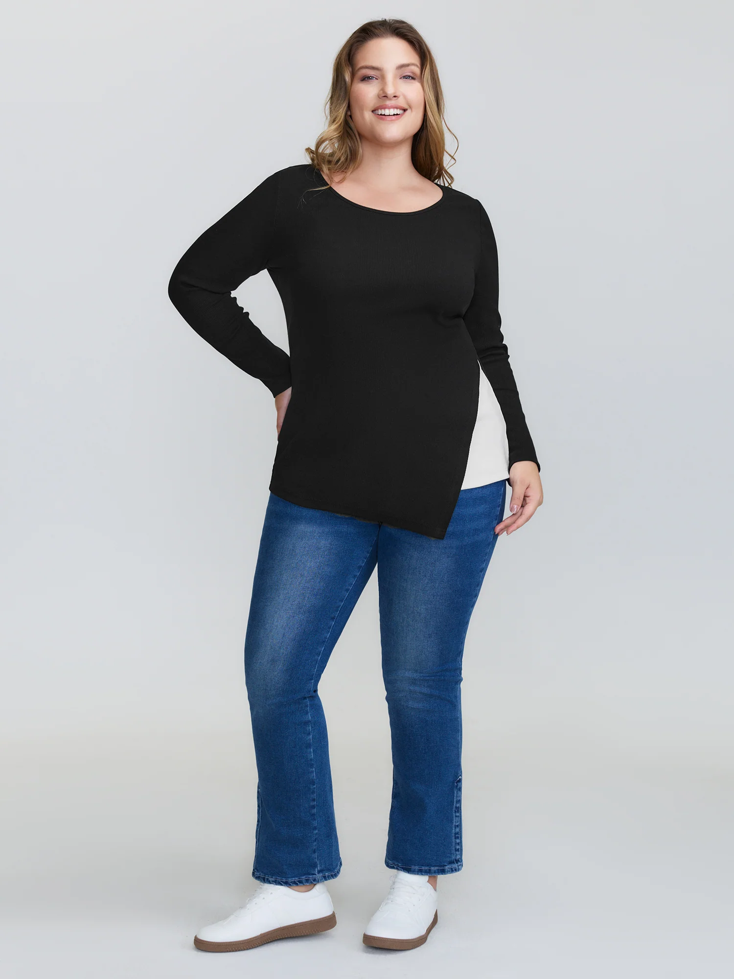 Textured Stretchy Split Hem T-Shirt - Image 2
