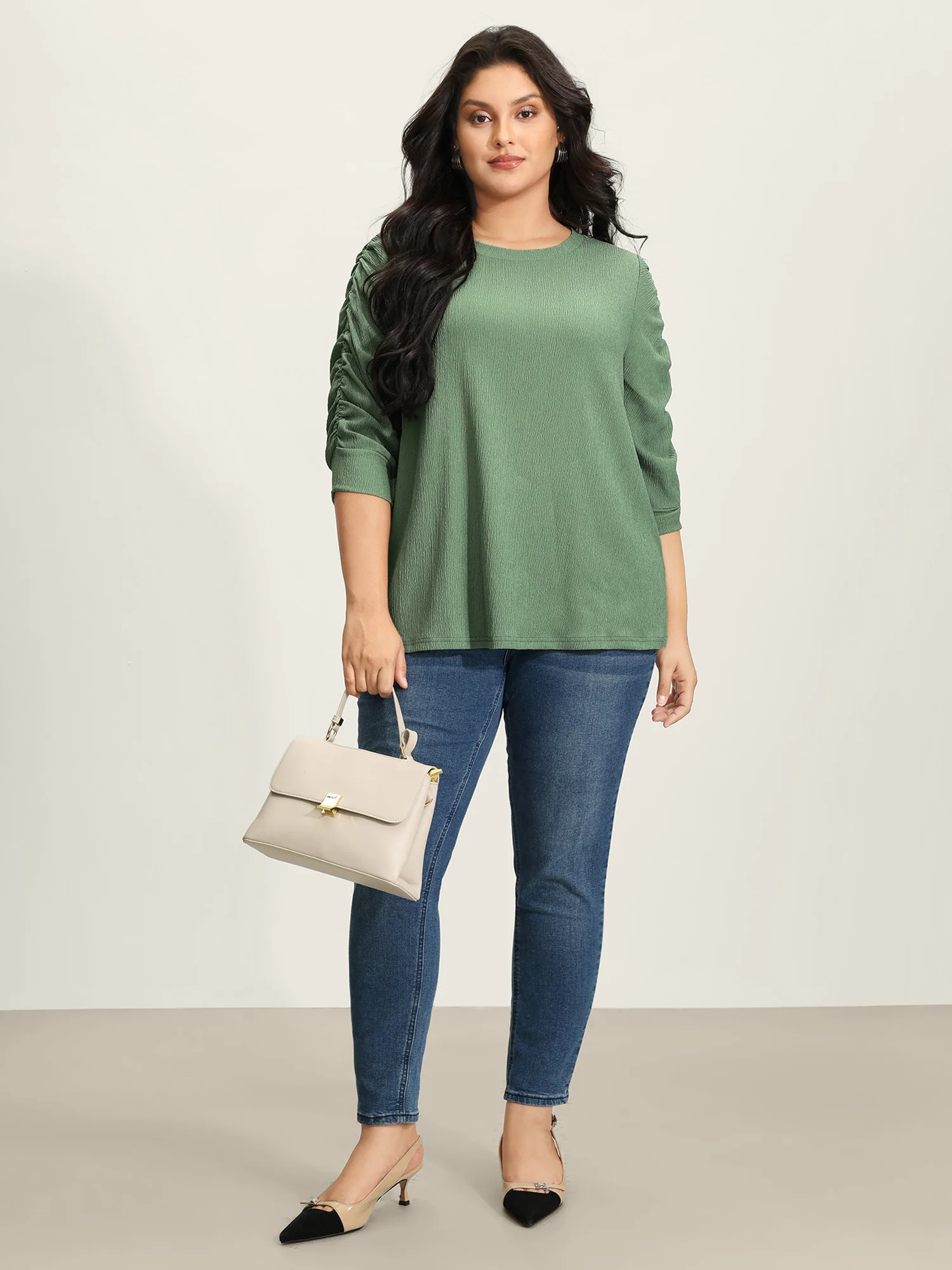 Textured Stretchy Three-Quarter Sleeve T-Shirt - Image 3