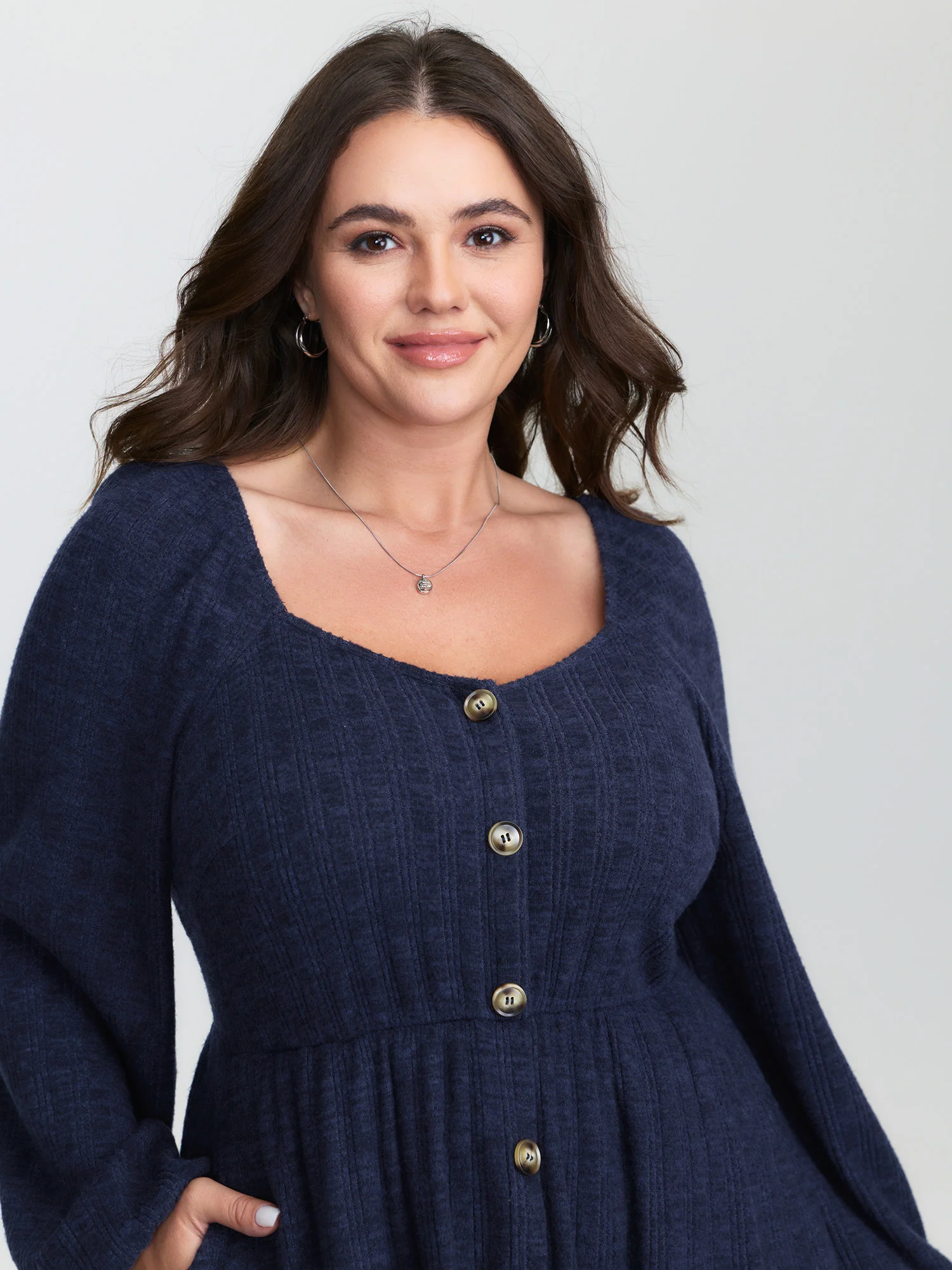 Textured Stretchy Waist Button Detail Midi Dress - Image 2