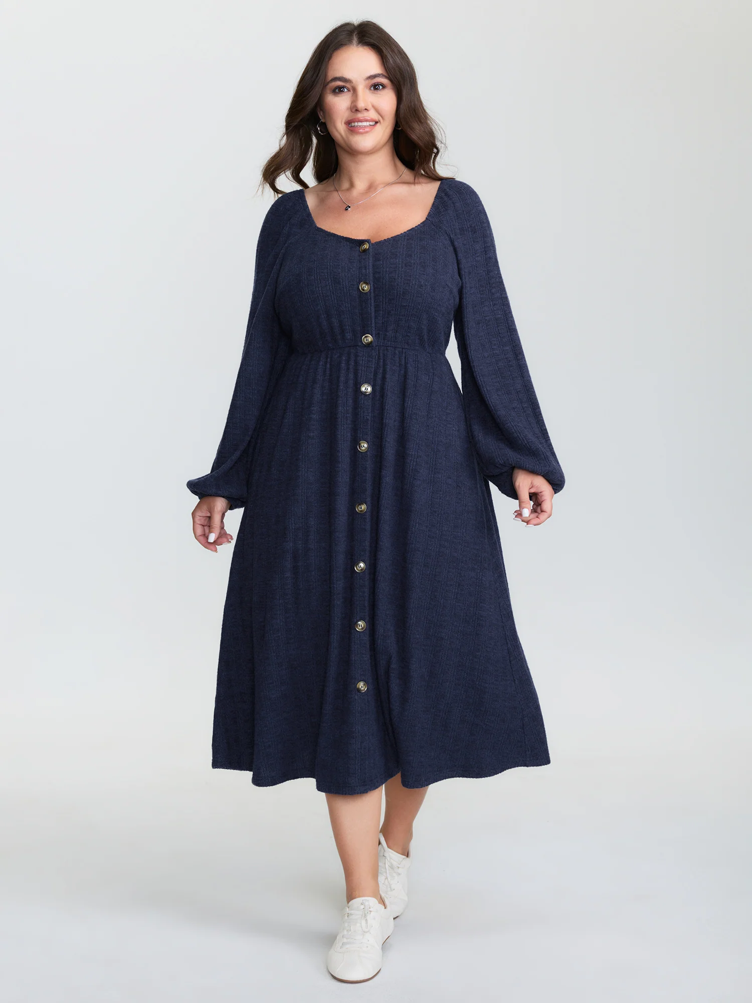 Textured Stretchy Waist Button Detail Midi Dress - Image 4