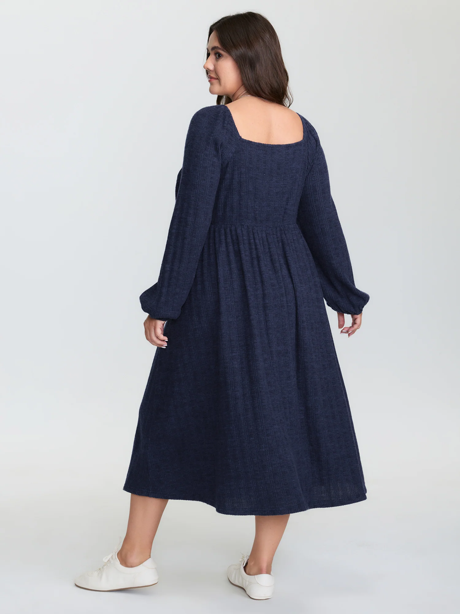 Textured Stretchy Waist Button Detail Midi Dress - Image 5