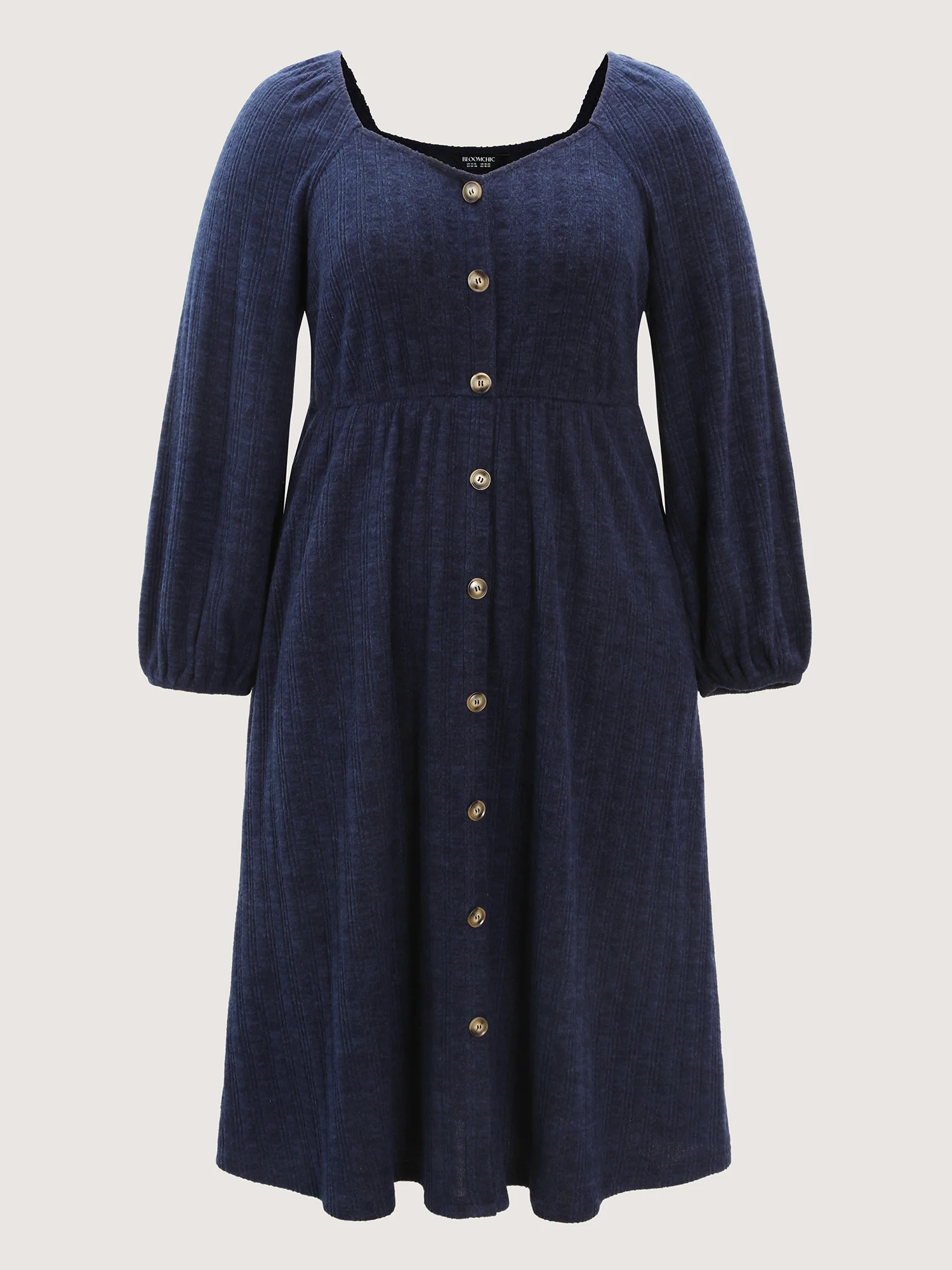 Textured Stretchy Waist Button Detail Midi Dress - Image 8