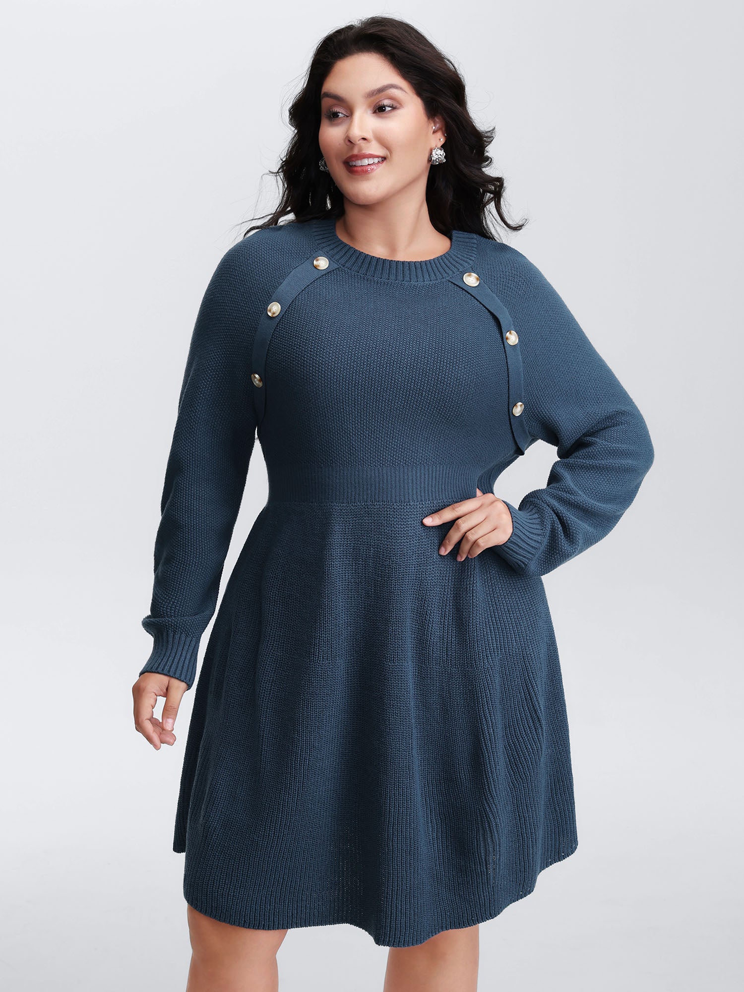 Textured Stretchy Waist Button Sweater Knee-Length Dress - Image 3