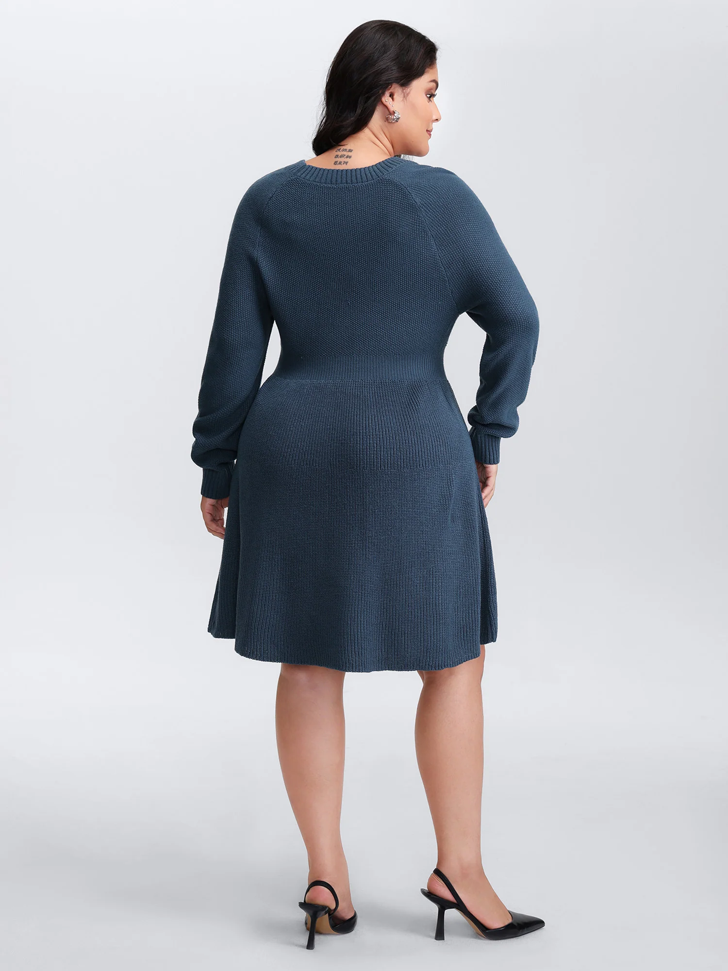Textured Stretchy Waist Button Sweater Knee-Length Dress - Image 4