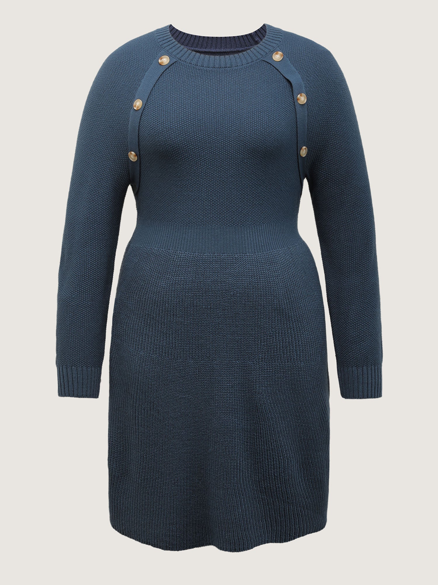Textured Stretchy Waist Button Sweater Knee-Length Dress - Image 5