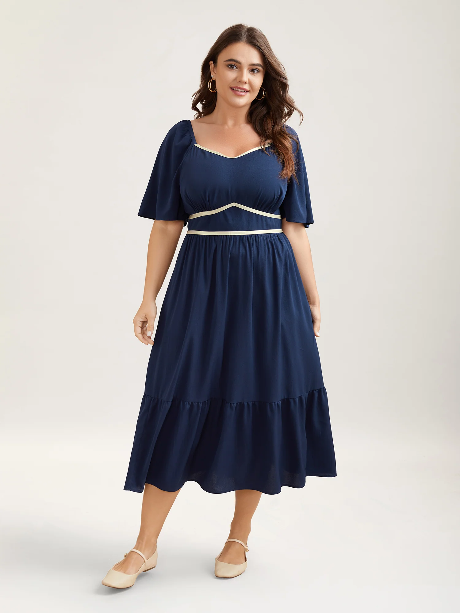 Textured Stretchy Waist Milkmaid Style Midi Dress - Image 3