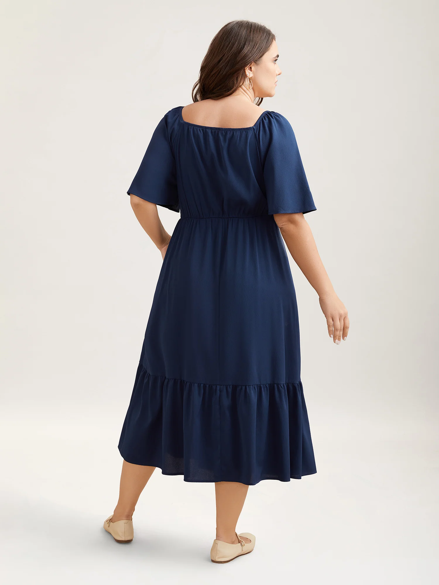 Textured Stretchy Waist Milkmaid Style Midi Dress - Image 4
