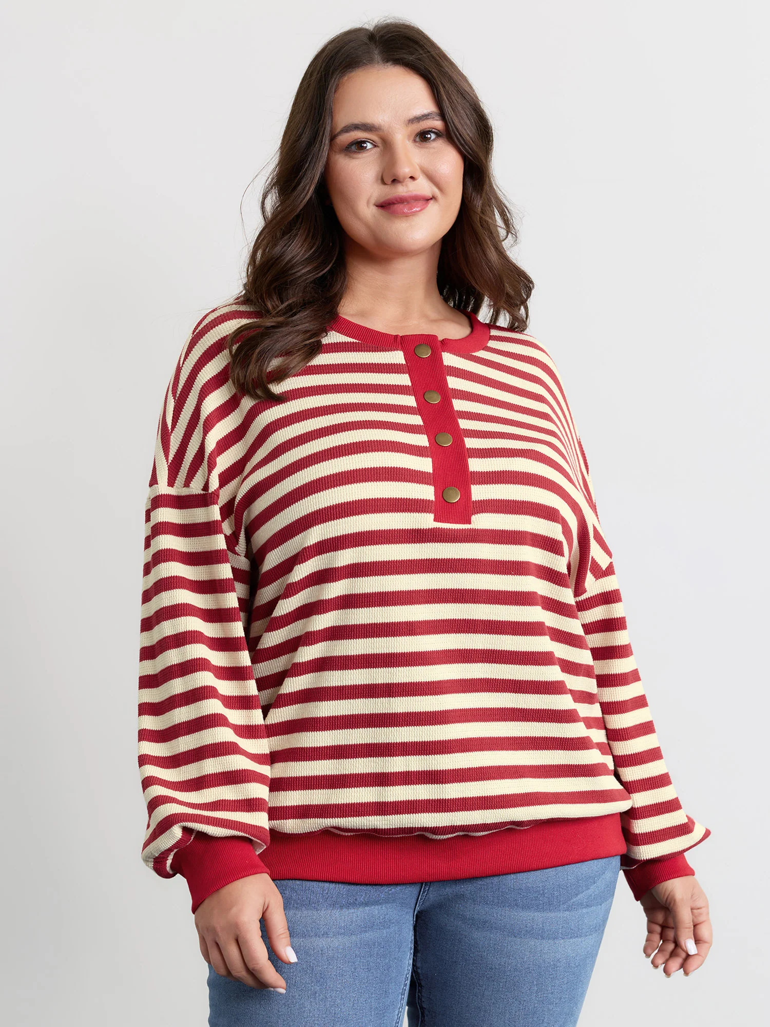 Textured Stripe Button Placket Sweatshirt - Image 2