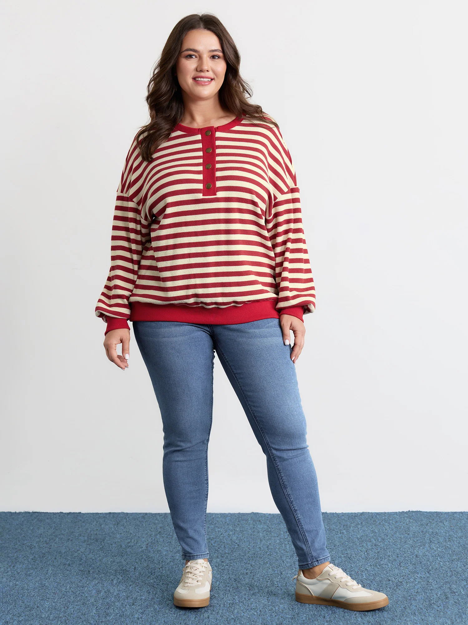 Textured Stripe Button Placket Sweatshirt - Image 3