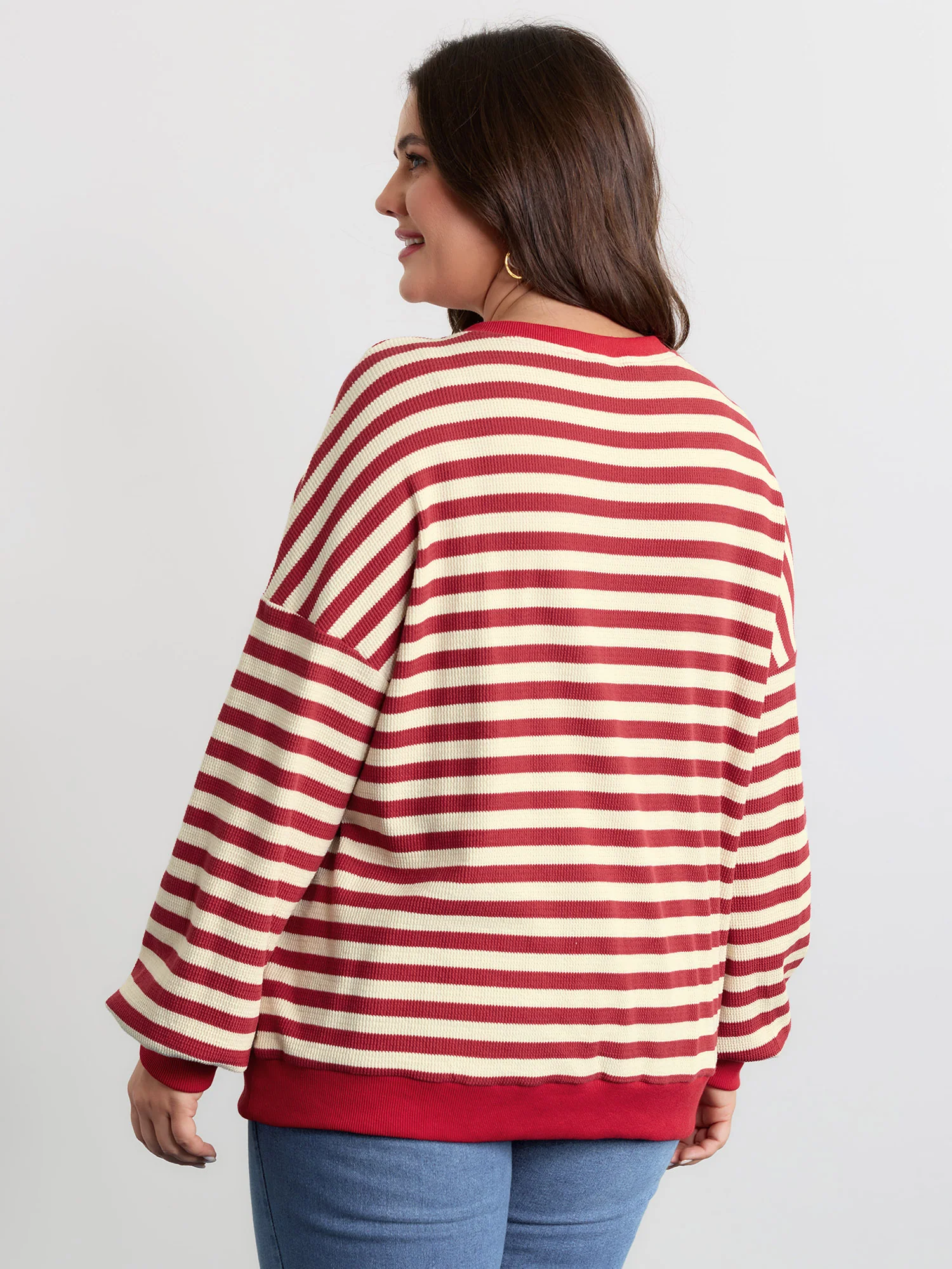 Textured Stripe Button Placket Sweatshirt - Image 4