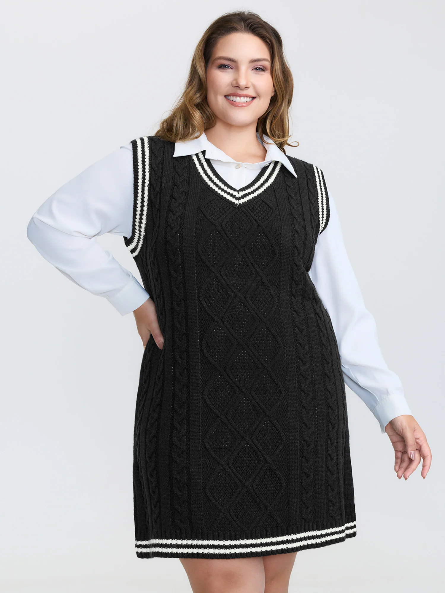 Textured Stripe Pinafore Mini Sweater Dress - Image 2