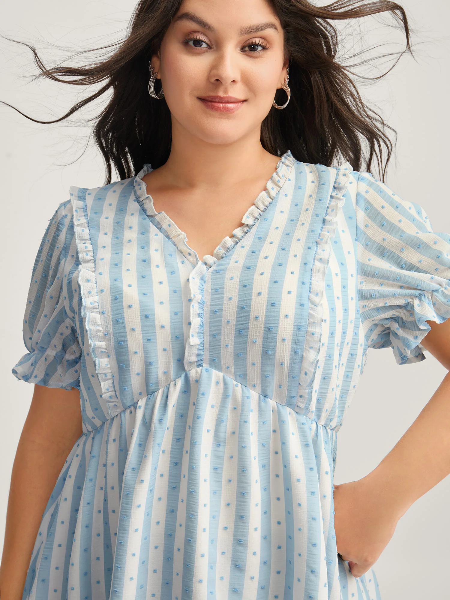 Textured Striped Print Ruffled Babydoll Top - Image 2