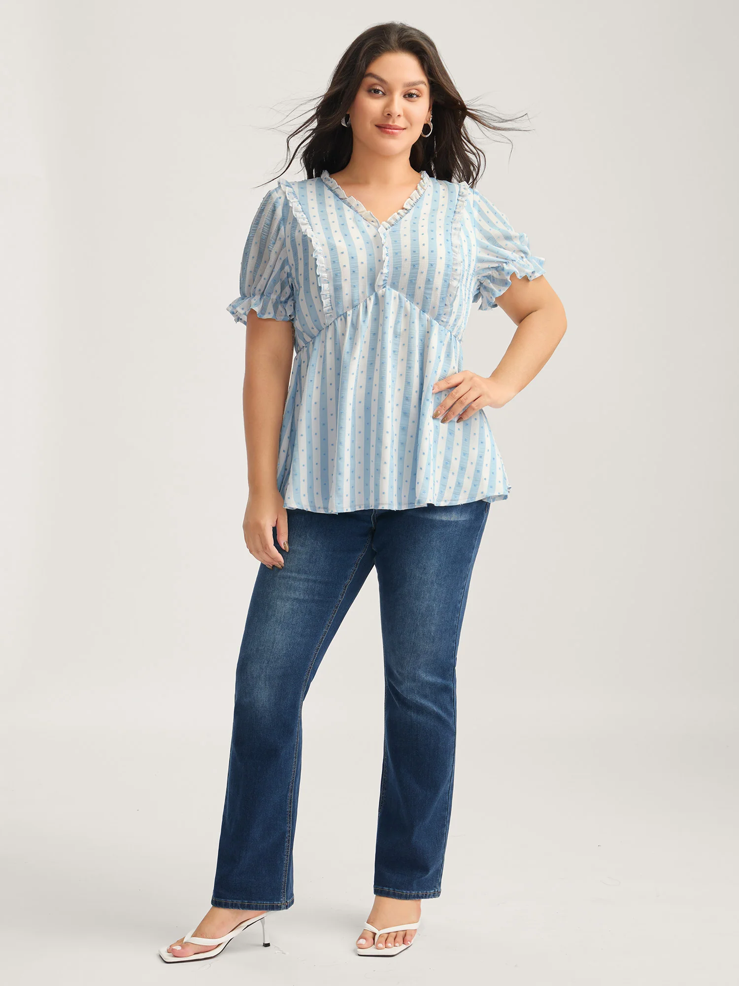 Textured Striped Print Ruffled Babydoll Top - Image 3