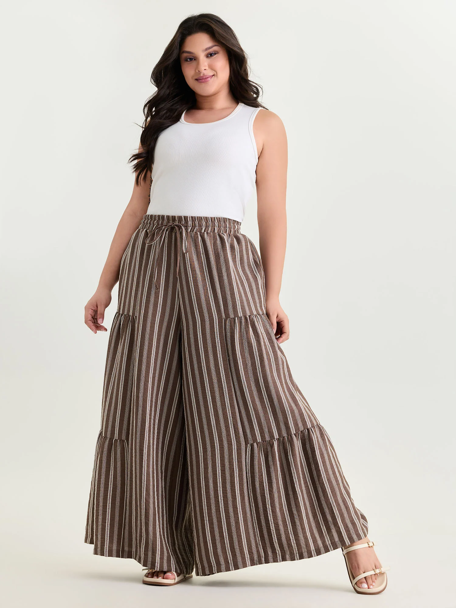 Textured Striped Print Tiered Wide-Leg Pants