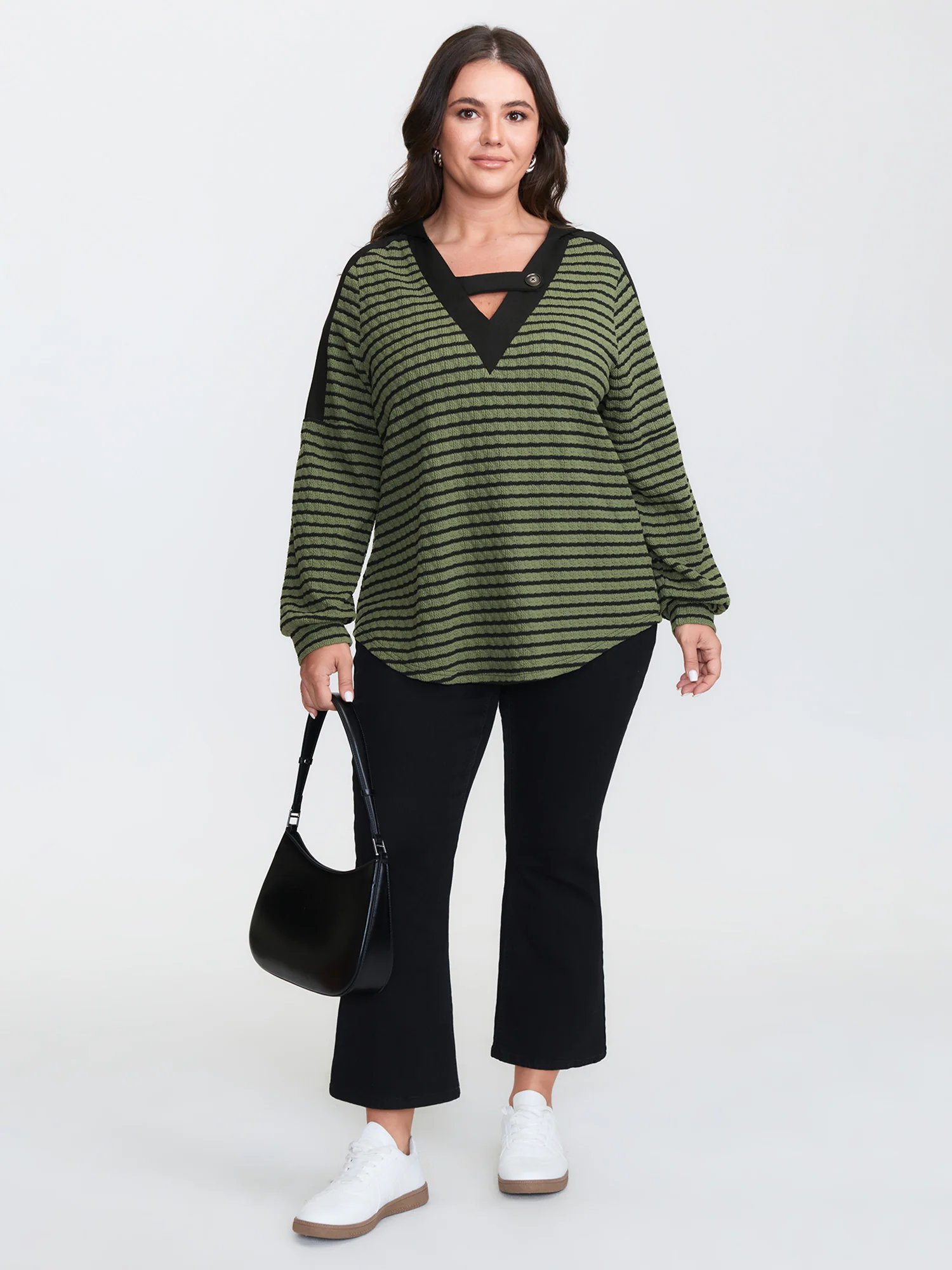 Textured Striped Stretchy Color Contrast T-Shirt - Image 2