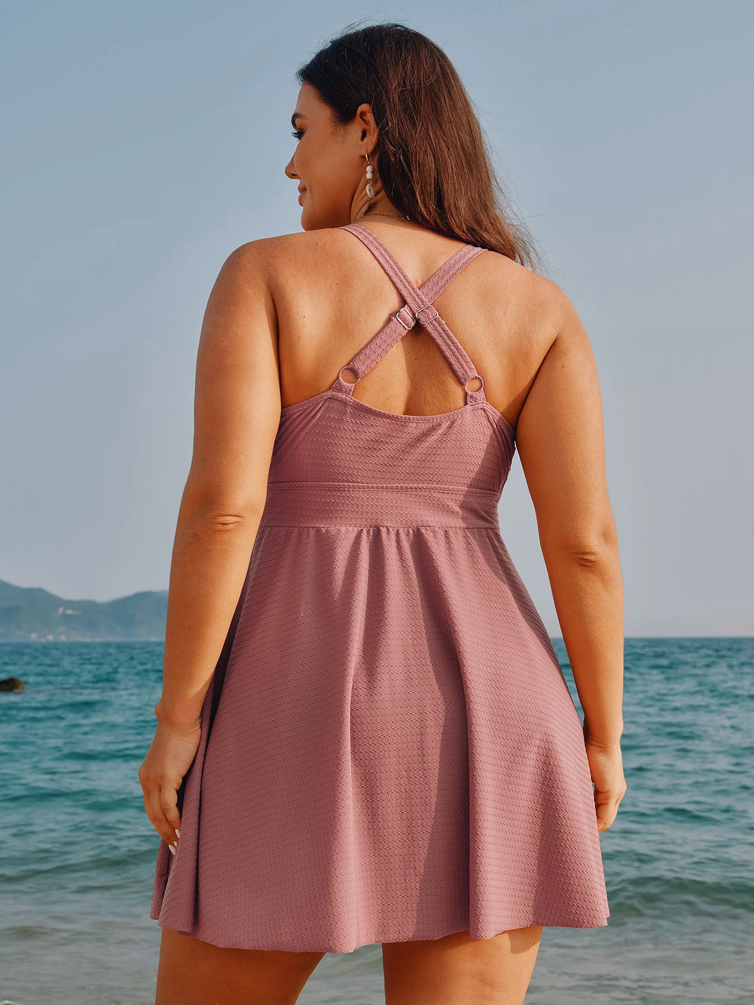 Textured Surplice Cut-Out Shoulder Swim Dress - Image 6