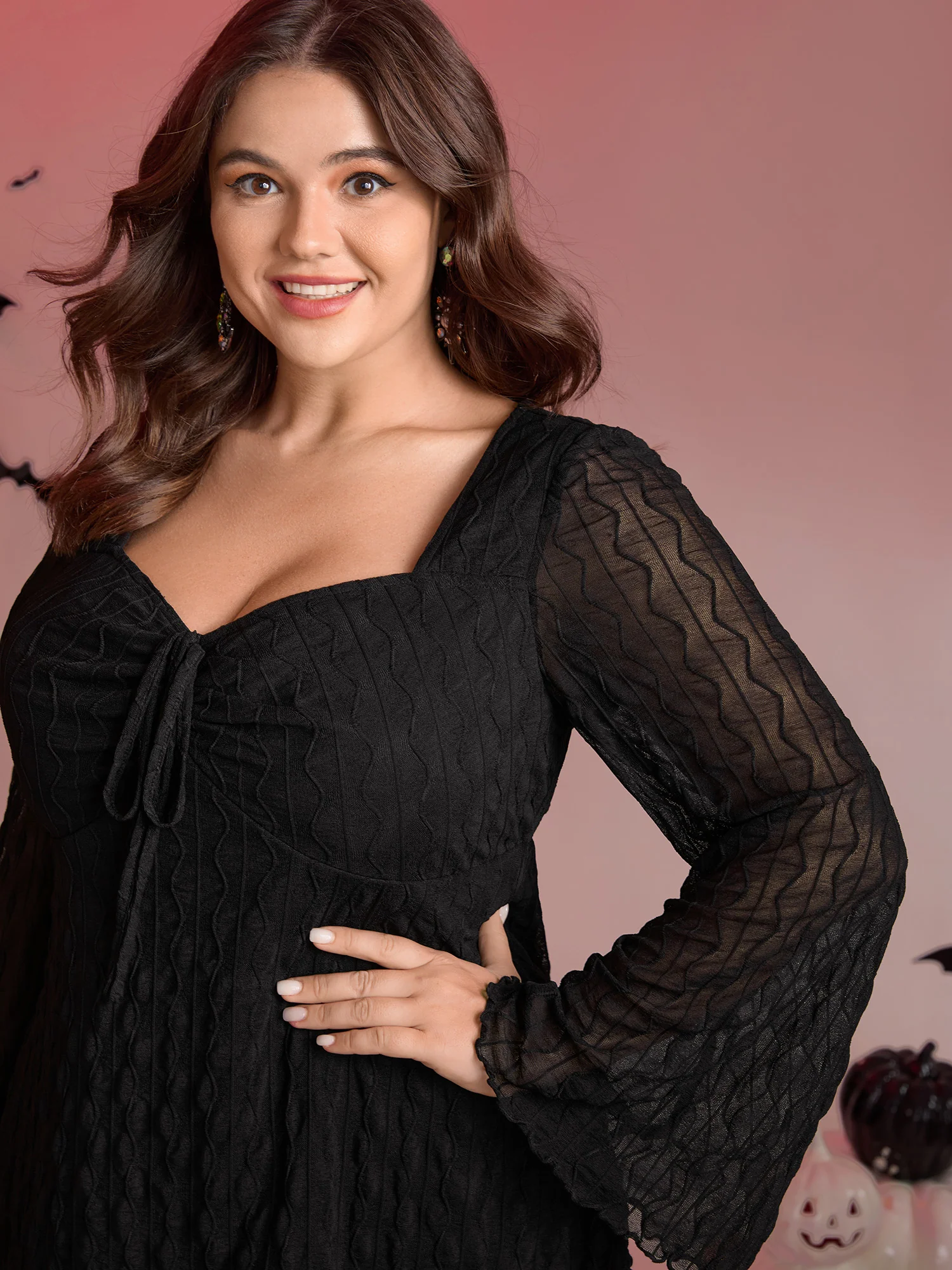 Textured Sweetheart Cinched Neck Knit Top - Image 2