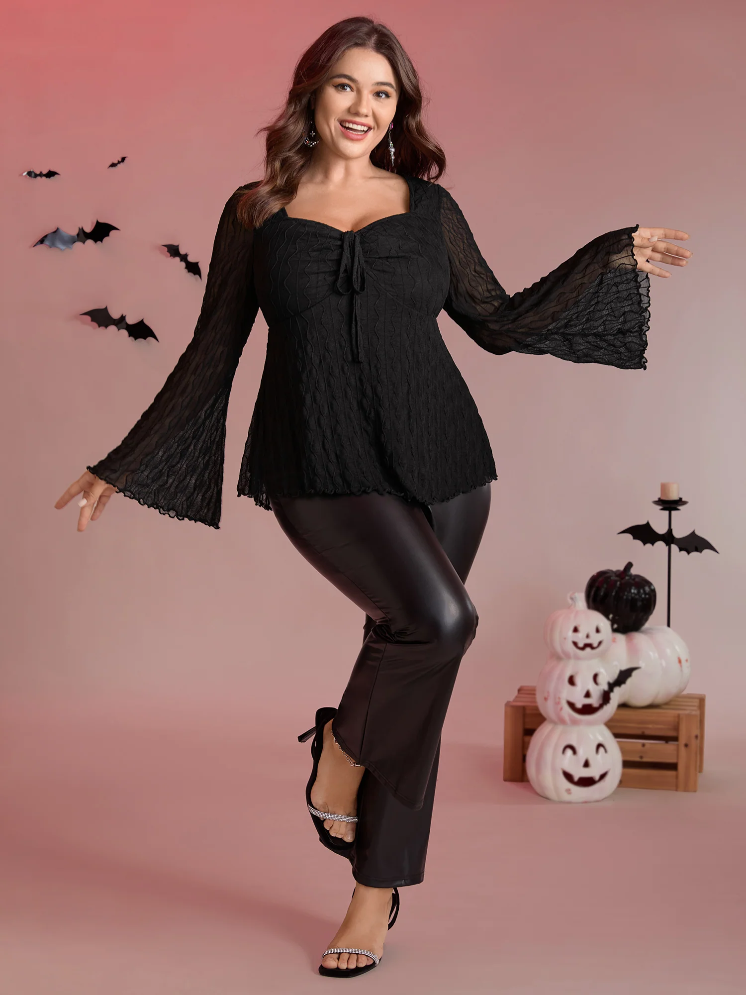 Textured Sweetheart Cinched Neck Knit Top - Image 3