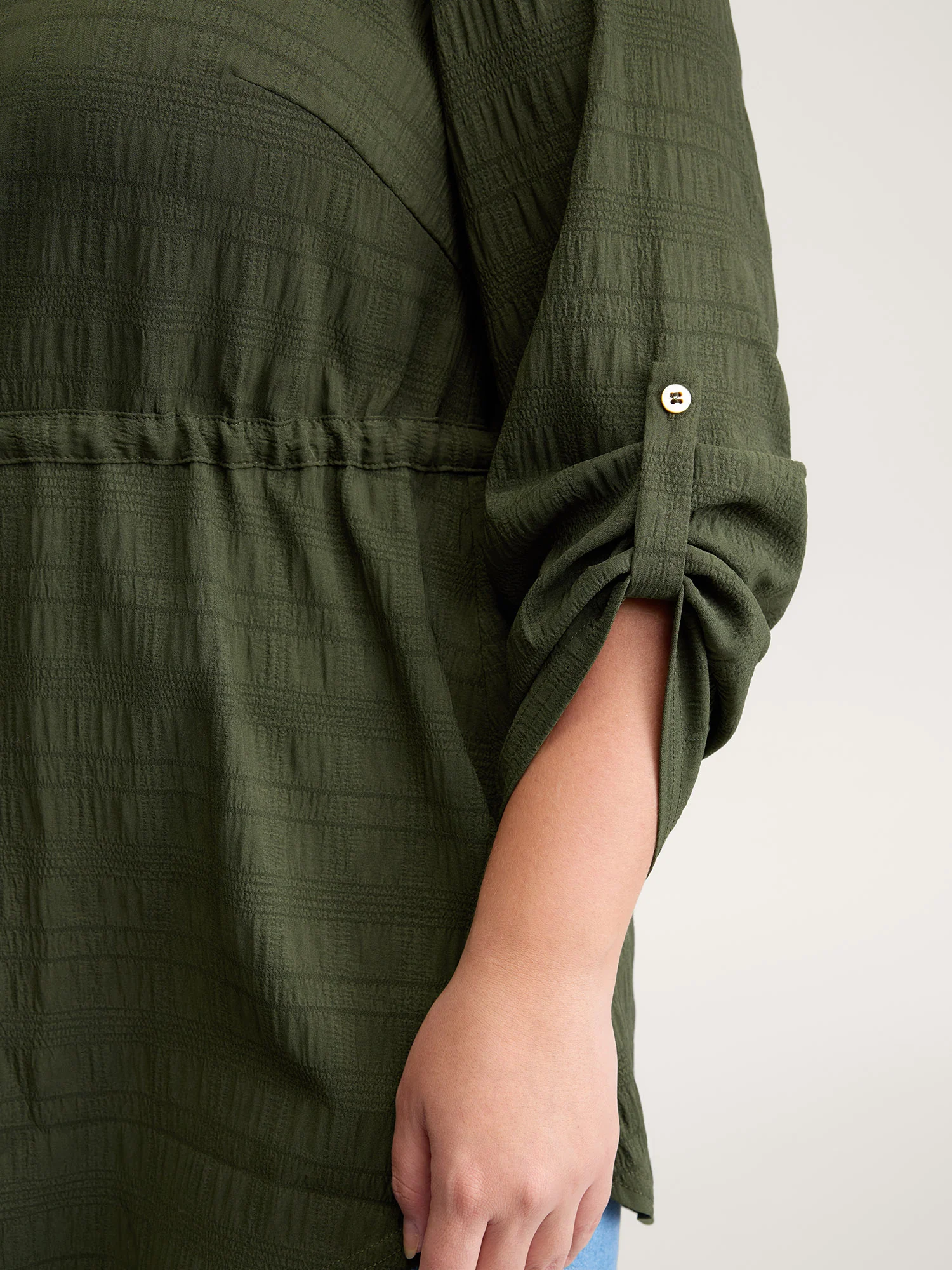 Textured Tab Sleeve Waist Drawstring Blouse - Image 2