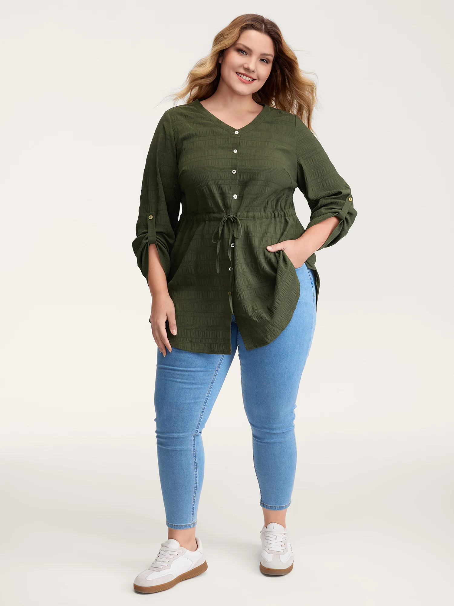 Textured Tab Sleeve Waist Drawstring Blouse - Image 3