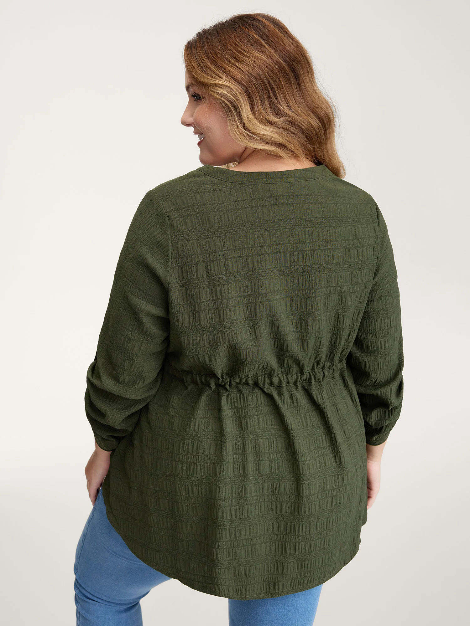 Textured Tab Sleeve Waist Drawstring Blouse - Image 4