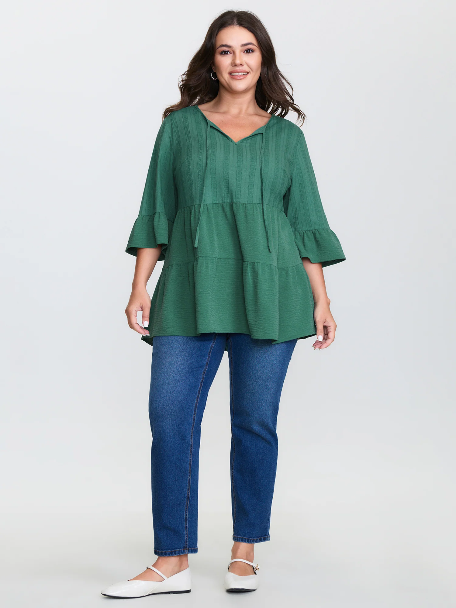 Cotton Textured Tiered Neck-Tie Blouse - Image 3