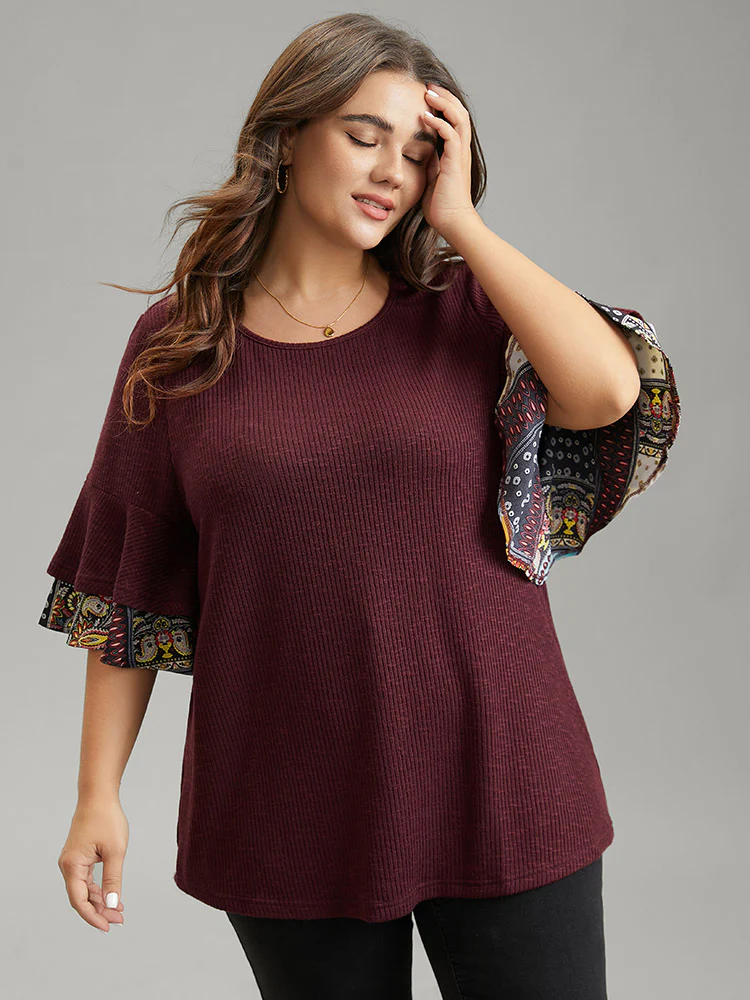 Textured Tiered Ruffle Sleeve Patchwork Boho Print T-shirt