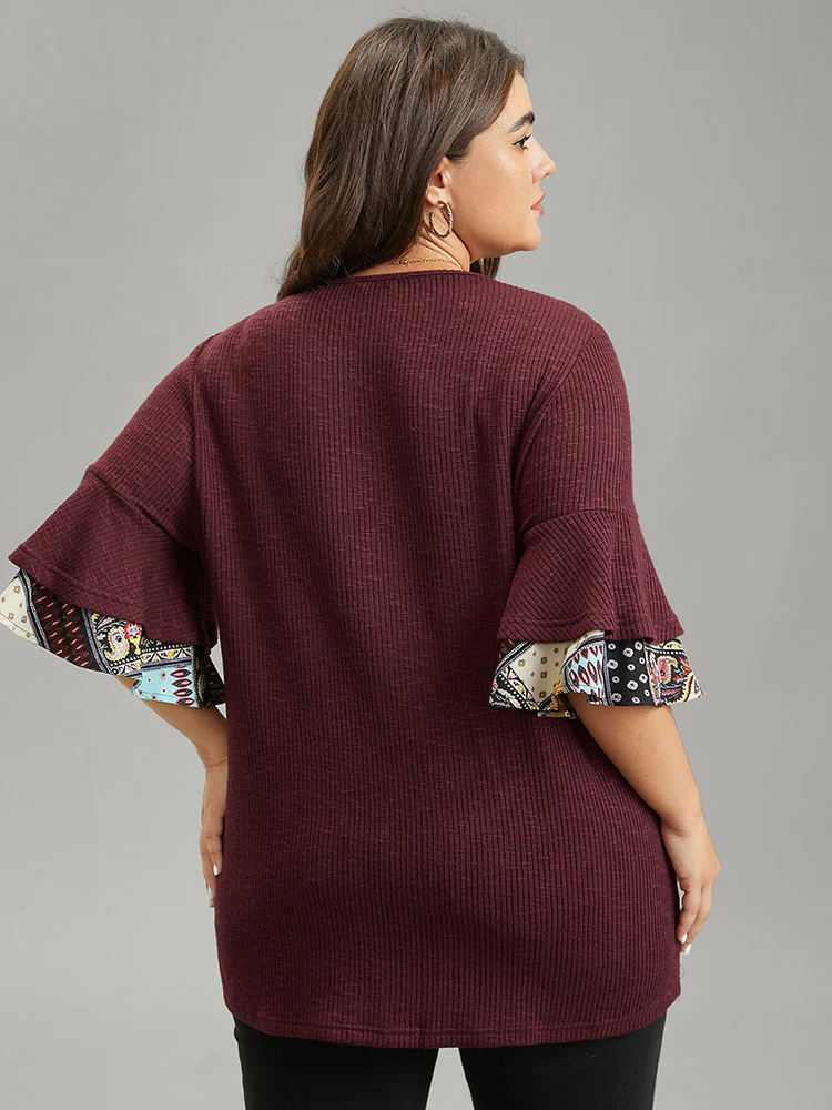 Textured Tiered Ruffle Sleeve Patchwork Boho Print T-shirt - Image 2