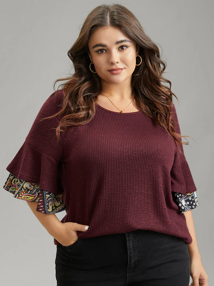 Textured Tiered Ruffle Sleeve Patchwork Boho Print T-shirt - Image 3
