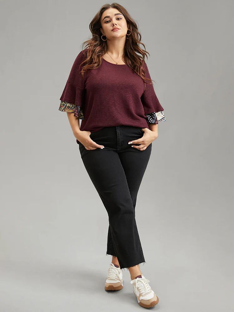 Textured Tiered Ruffle Sleeve Patchwork Boho Print T-shirt - Image 4